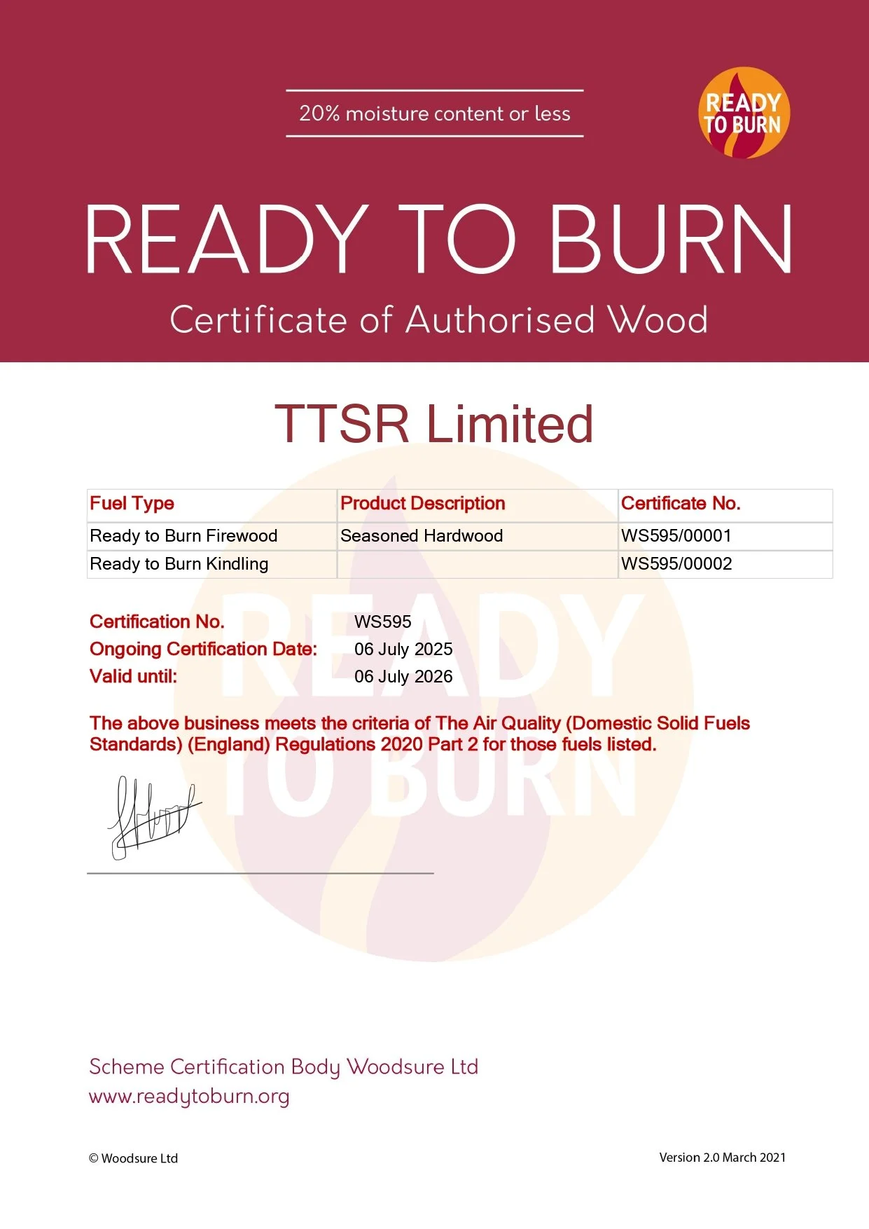 TTSR Ltd Ready To Burn Firewood Certificate 2026