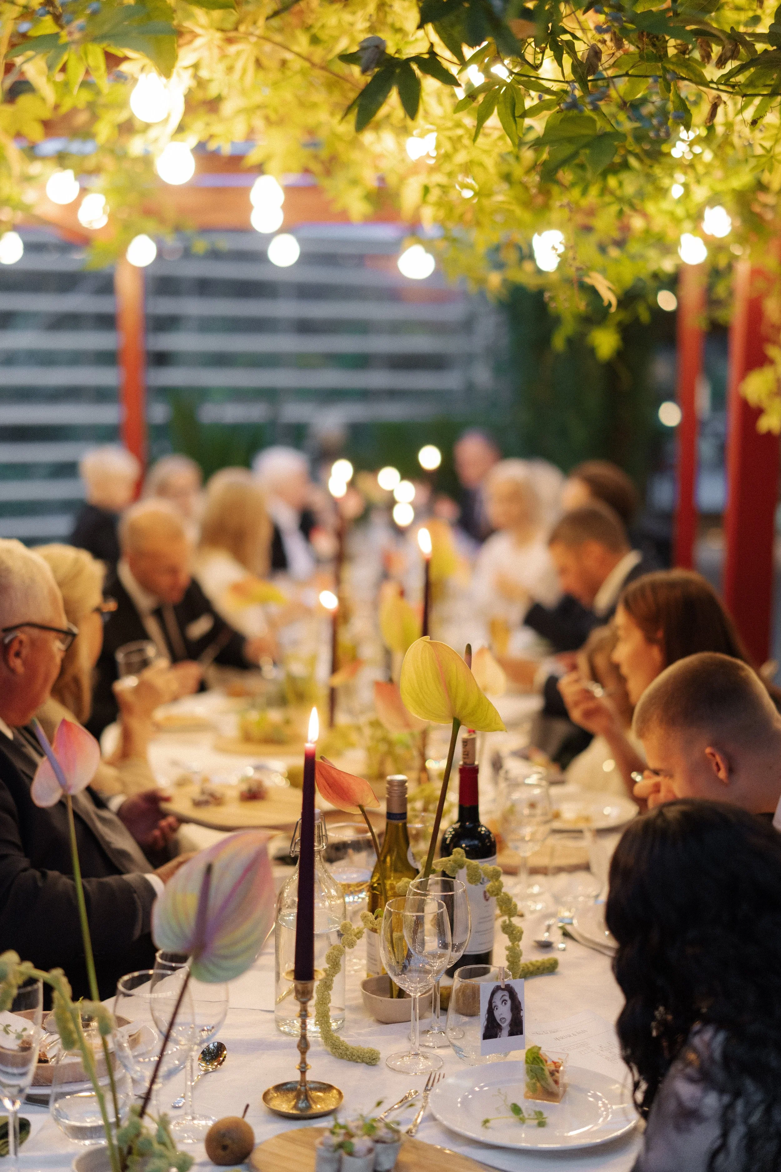 An outdoor dinner party with a long table decorated with flowers, candles, wine bottles, and glassware, under string lights and a yellow-green leafy canopy, with people sitting and dining.
