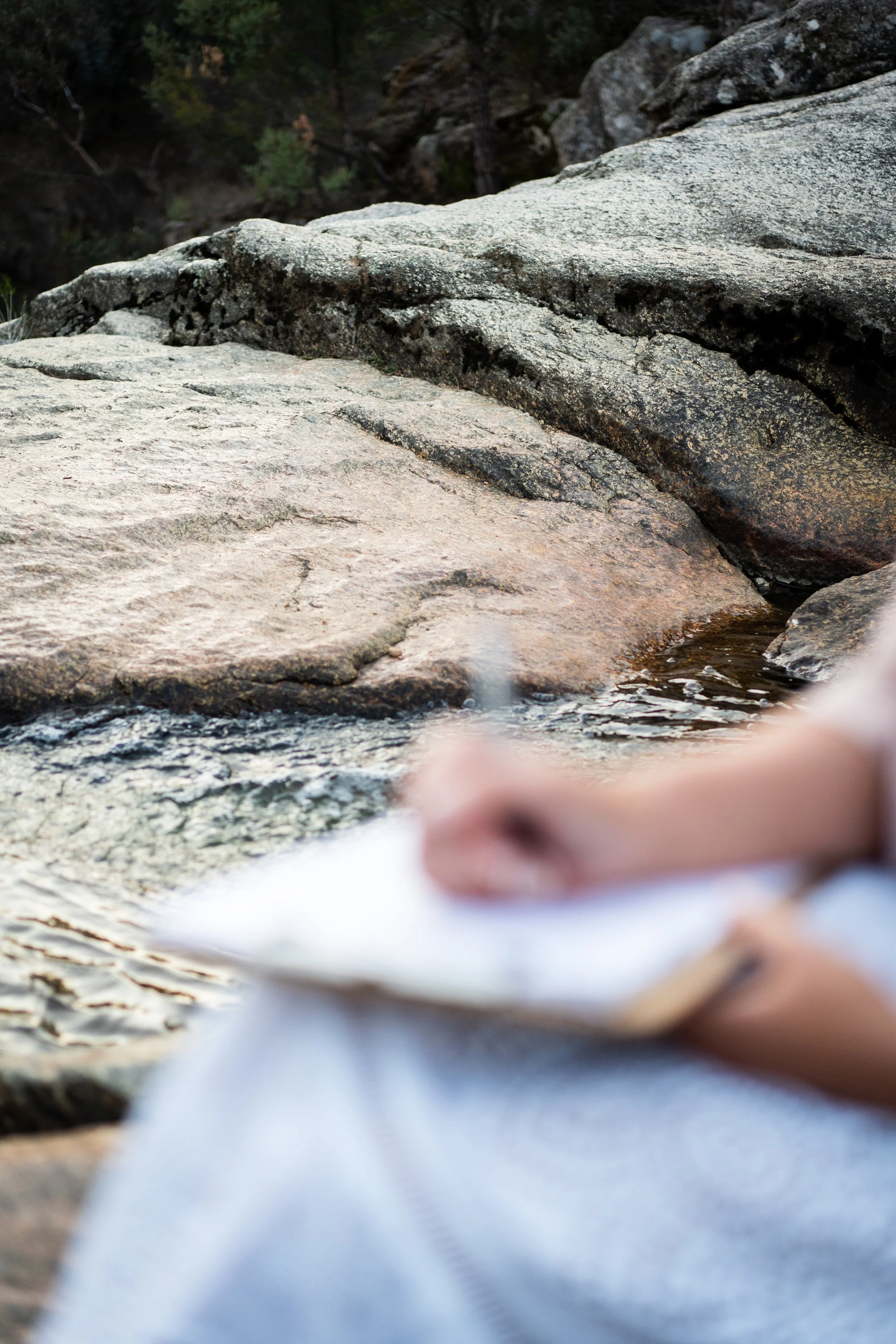 Man sitting in a gray armchair next to a round table with a potted plant, empty green wooden chair nearby, sheer white curtains in the background.