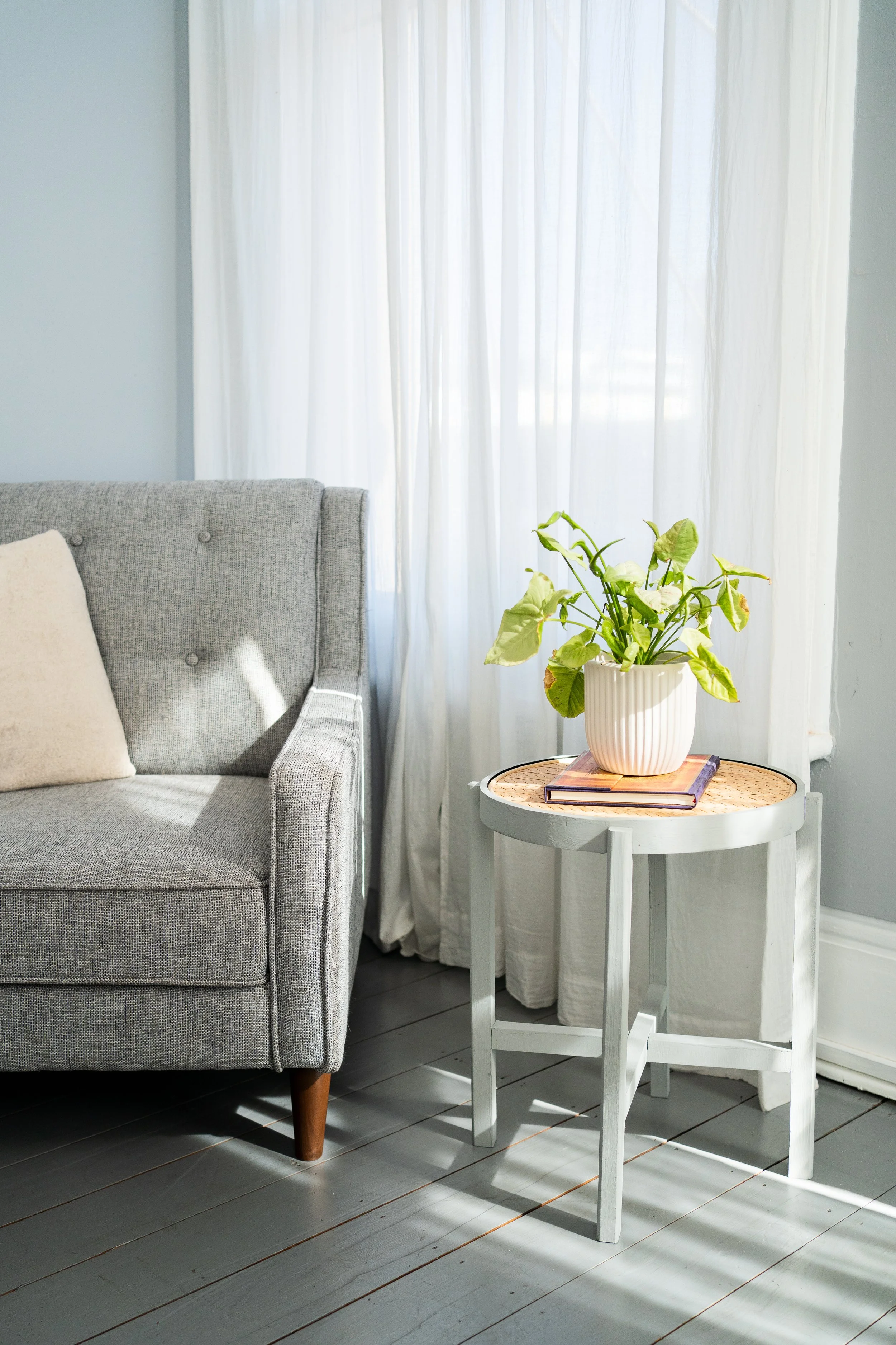 Living room with a gray sofa, a beige pillow, a round side table, and a potted plant by a window with white curtains.