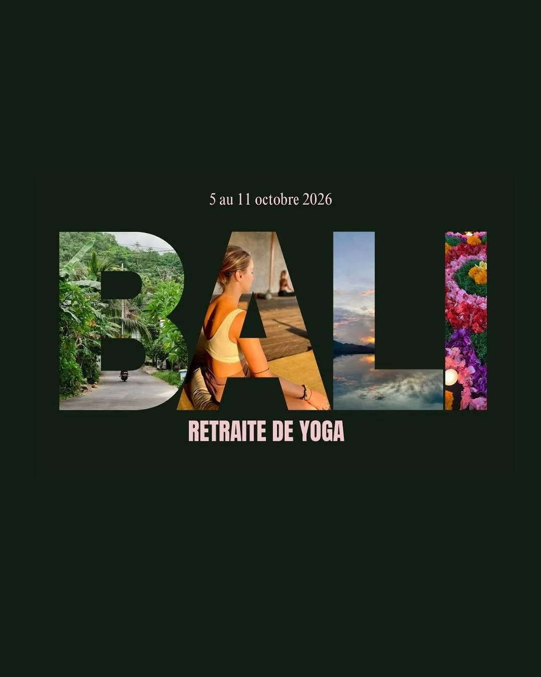 Retraite de yoga &agrave; Bali &bull;
du 5 au 11 octobre 2026

Un lieu inspirant et ressour&ccedil;ant, une retraite qui me tient &agrave; Coeur sur mon &icirc;le pr&eacute;f&eacute;r&eacute;e, une culture que je veux te faire d&eacute;couvrir.

Tu v