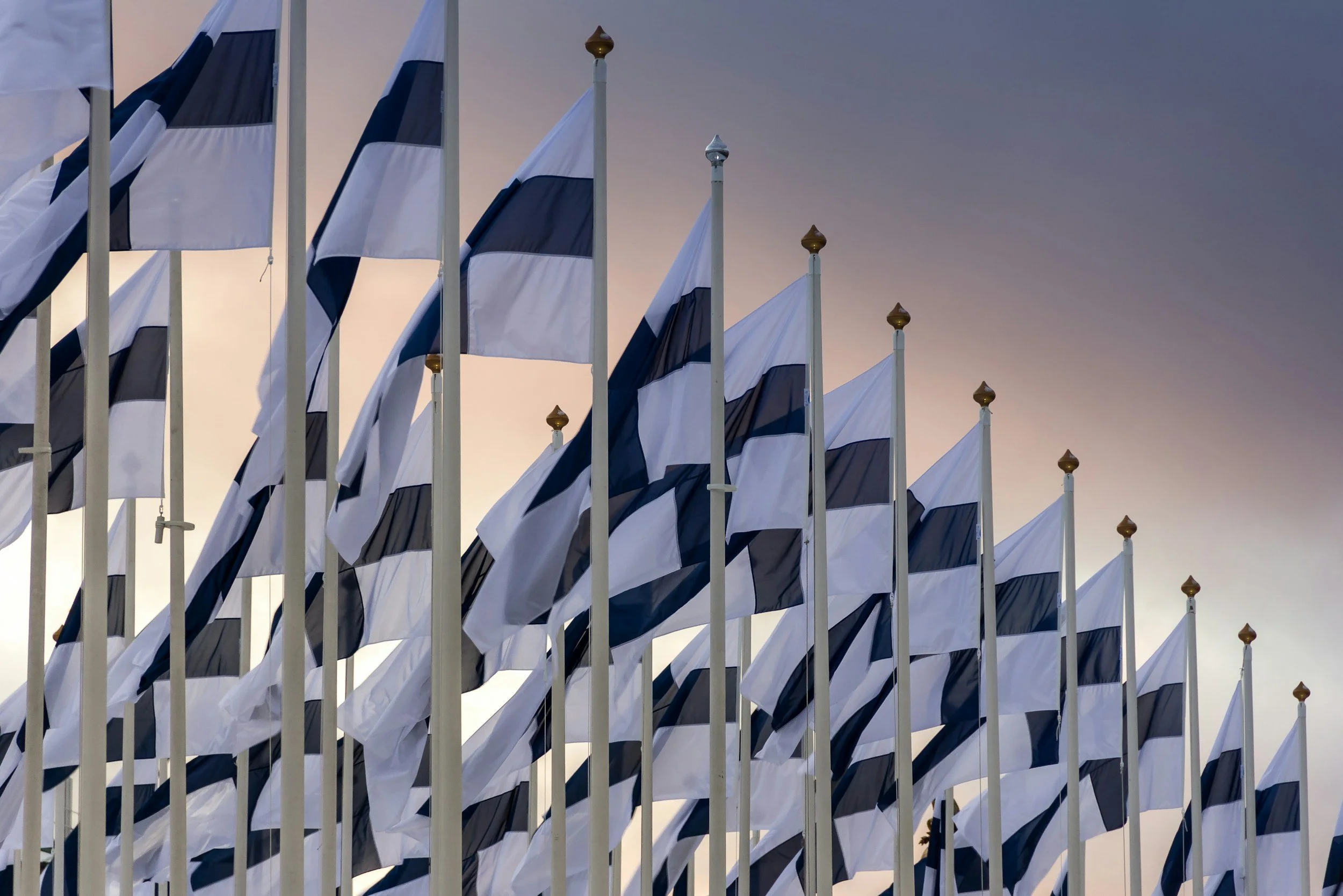 Multiple white flags with dark blue horizontal stripes flying on flagpoles against a cloudy sky at sunset.