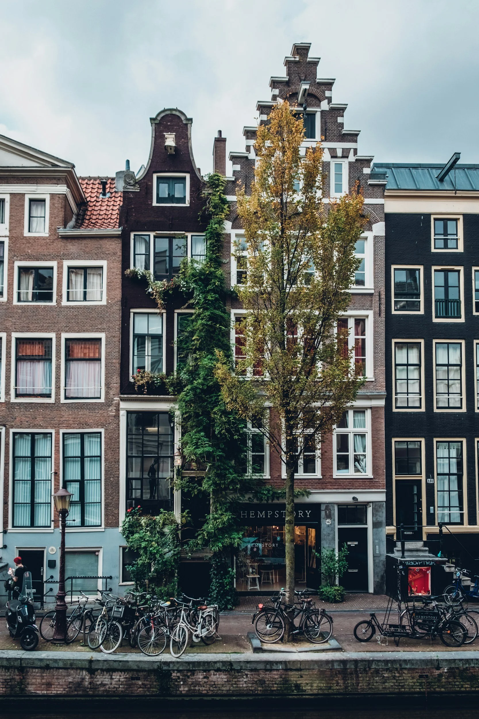 A street view of tall, narrow brick buildings in Amsterdam with a canal and parked bicycles in the foreground, including a tree with yellowing leaves in front of the buildings.