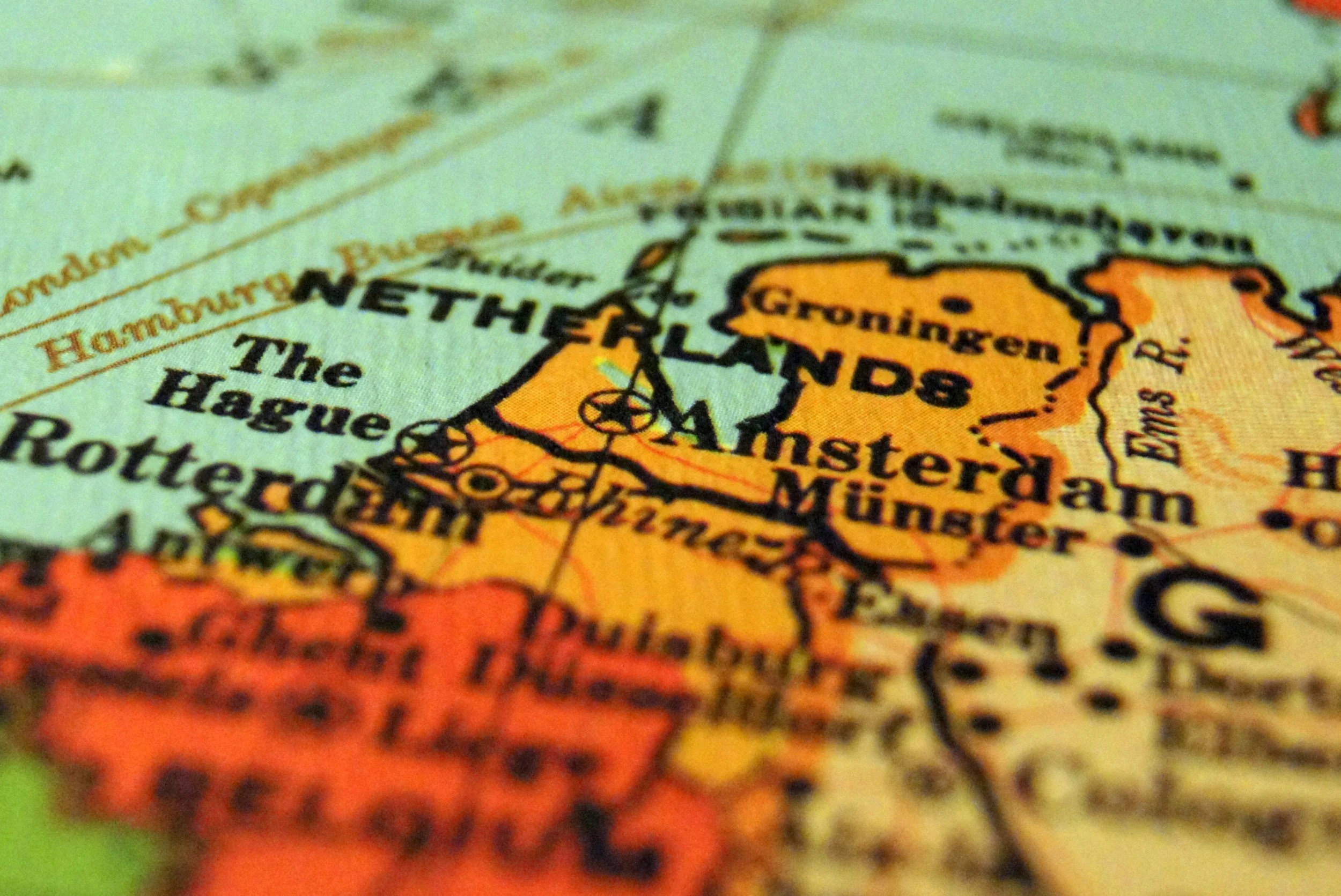 Close-up of a map showing the Netherlands and surrounding countries, with country names and borders visible.