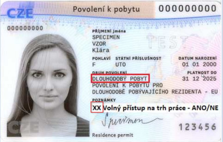 A Czech long-term residence permit card featuring a photo of a woman, with fields indicating her name, sex, nationality, date of birth, permit type, expiry date, and special notes about work access, including a red box highlighting words in Czech.