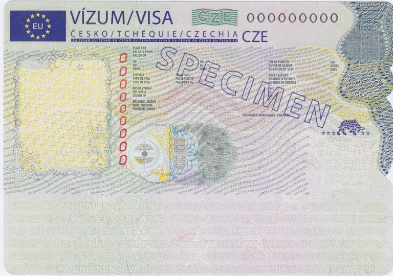 European Union visa issued by Czech Republic with the word 'SPECIMEN' stamped across it.