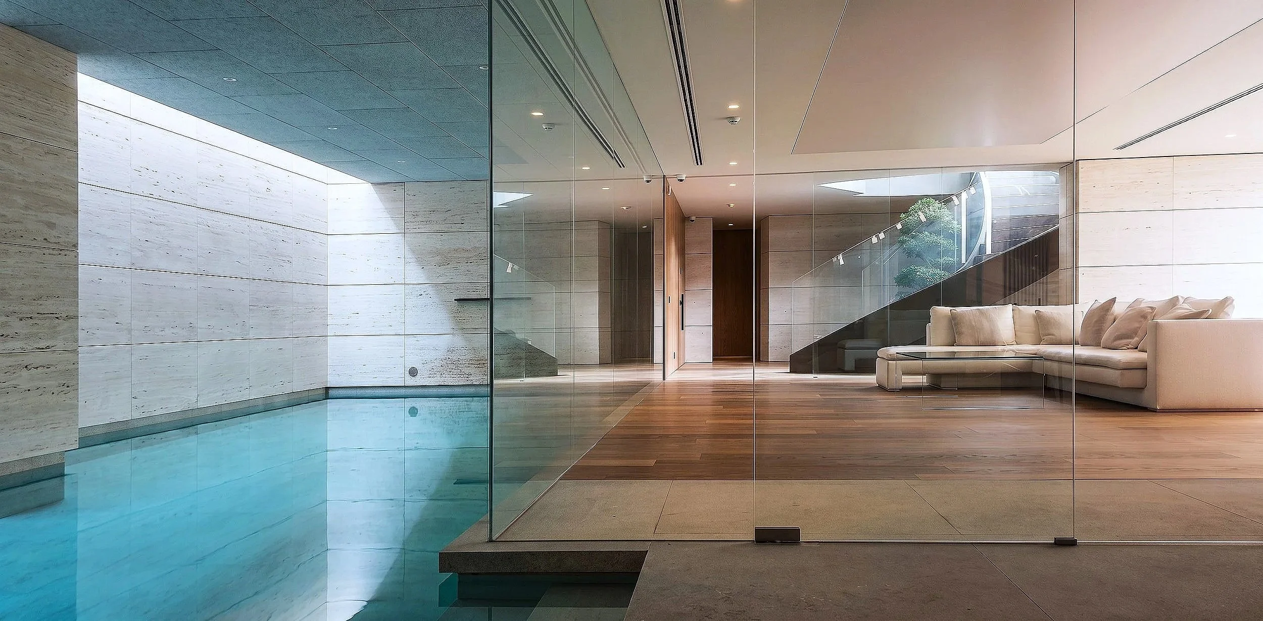 Interior de un hotel con piscina cubierta, paredes de piedra y un área de descanso con sillones y plantas.