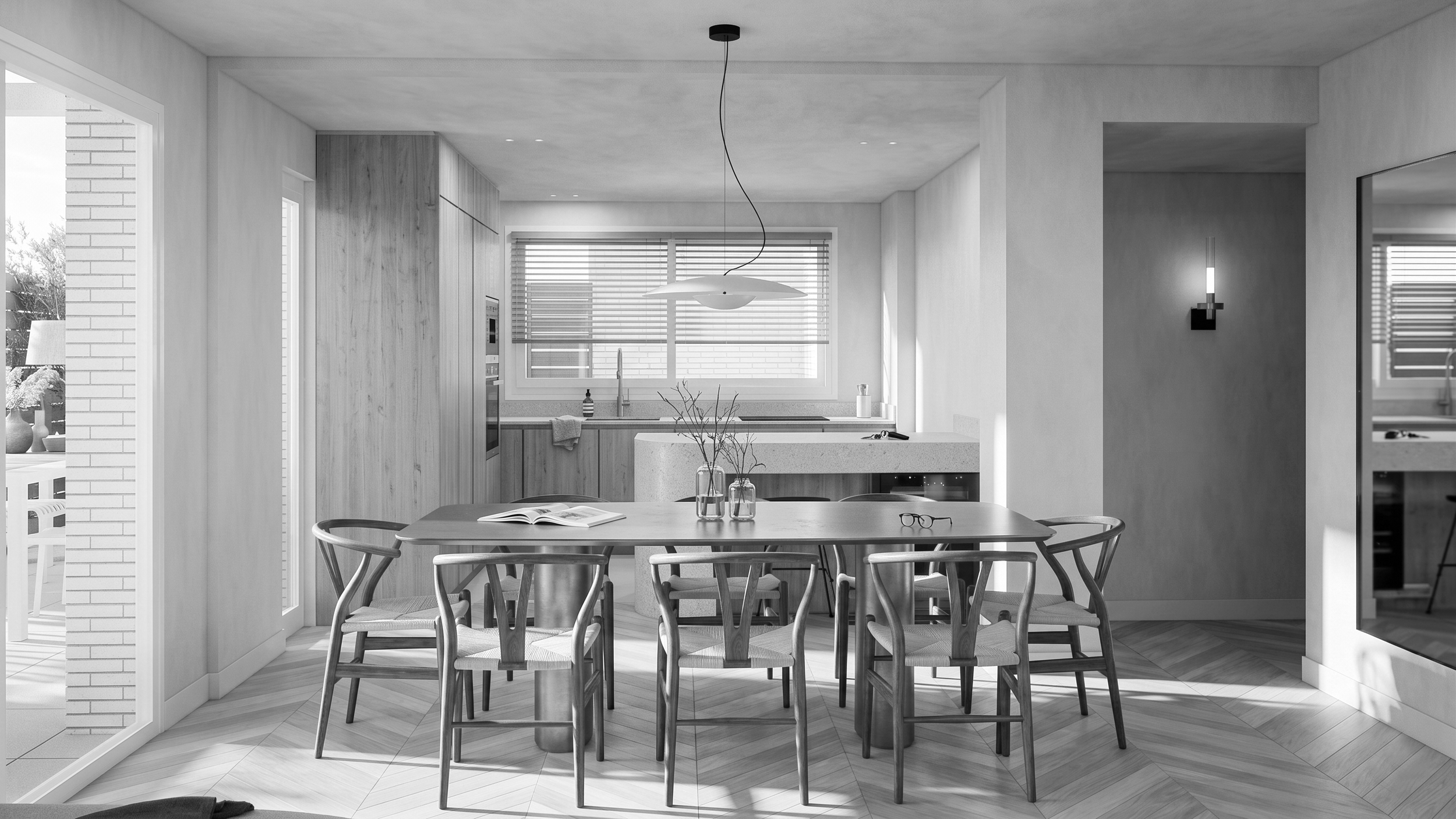 Interior de una casa moderna con comedor, mesas de madera, sillas, cocina en el fondo con ventanas con persianas y artefactos, iluminación natural y decoraciones minimalistas.