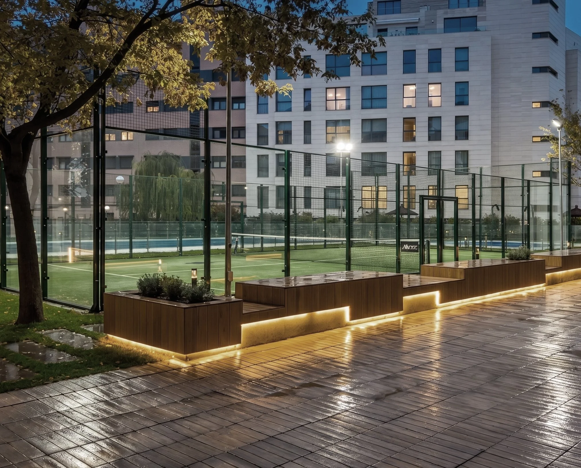 Cancha de tenis al aire libre en un espacio urbano, rodeada de un parque con árboles y bancos, edificios residenciales de fondo, iluminada por luces artificiales en la tarde o noche lluviosa.