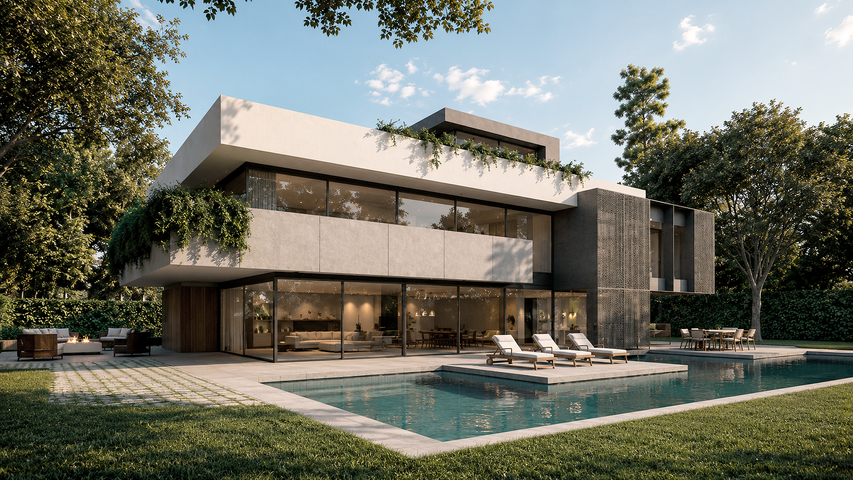Casa moderna de varios pisos con amplias ventanas y balcón, rodeada de árboles y jardín, con piscina y área para relajarse afuera.