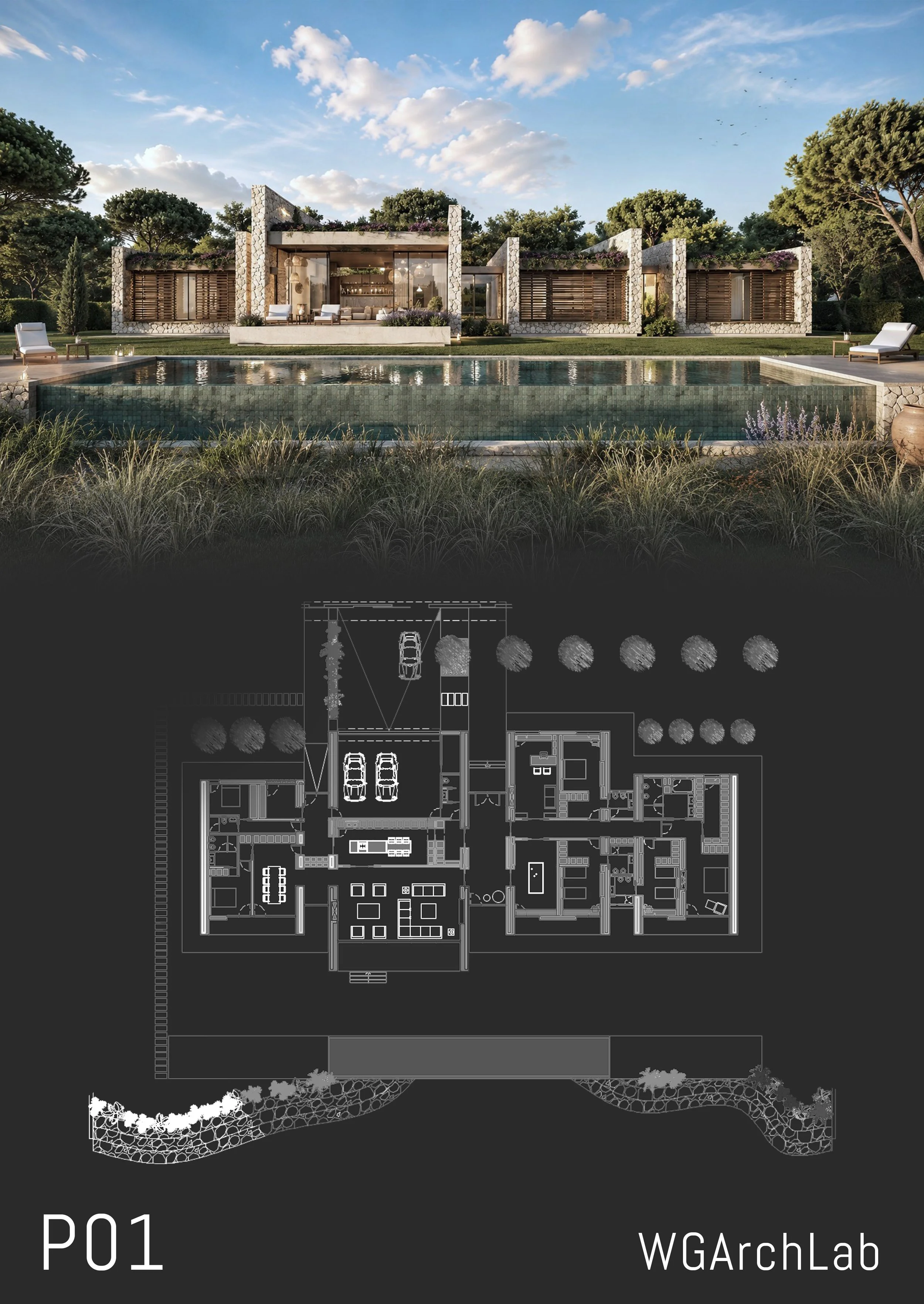 Plano arquitectónico de un diseño moderno de casa con estructura de piedra y grandes ventanas, zona de jardín con piscina en la parte delantera, y áreas verdes y caminos en el interior. Incluye un esquema de distribución de los espacios y detalles del paisaje.