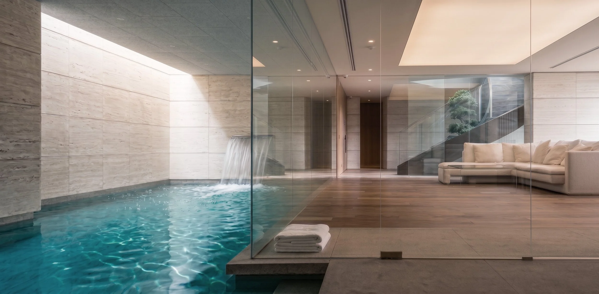 Interior de un hotel con piscina cubierta, paredes de piedra y un área de descanso con sillones y plantas.