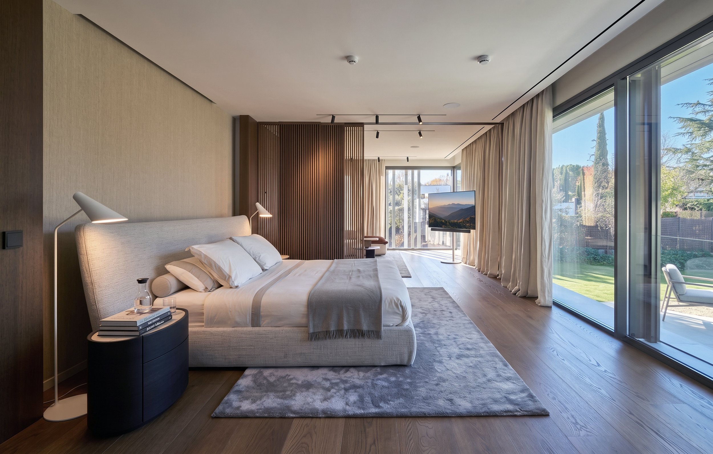 Habitación moderna con cama grande, cortinas largas, televisor en la pared y ventanas con vista al exterior.