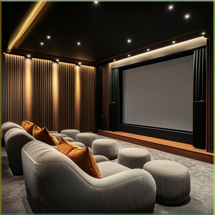 Sala de cine con sillones y cojines, pantalla grande y sistema de sonido, decorada con madera y luces elegantes.