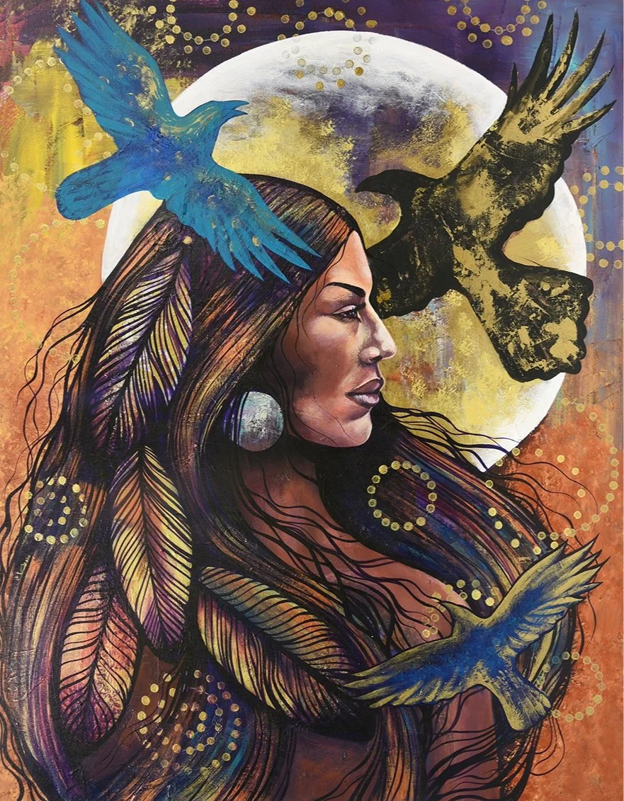 Portrait of a woman with long, colorful hair intertwined with feathers, surrounded by three flying birds and a large moon in the background, with a vibrant, artistic style.