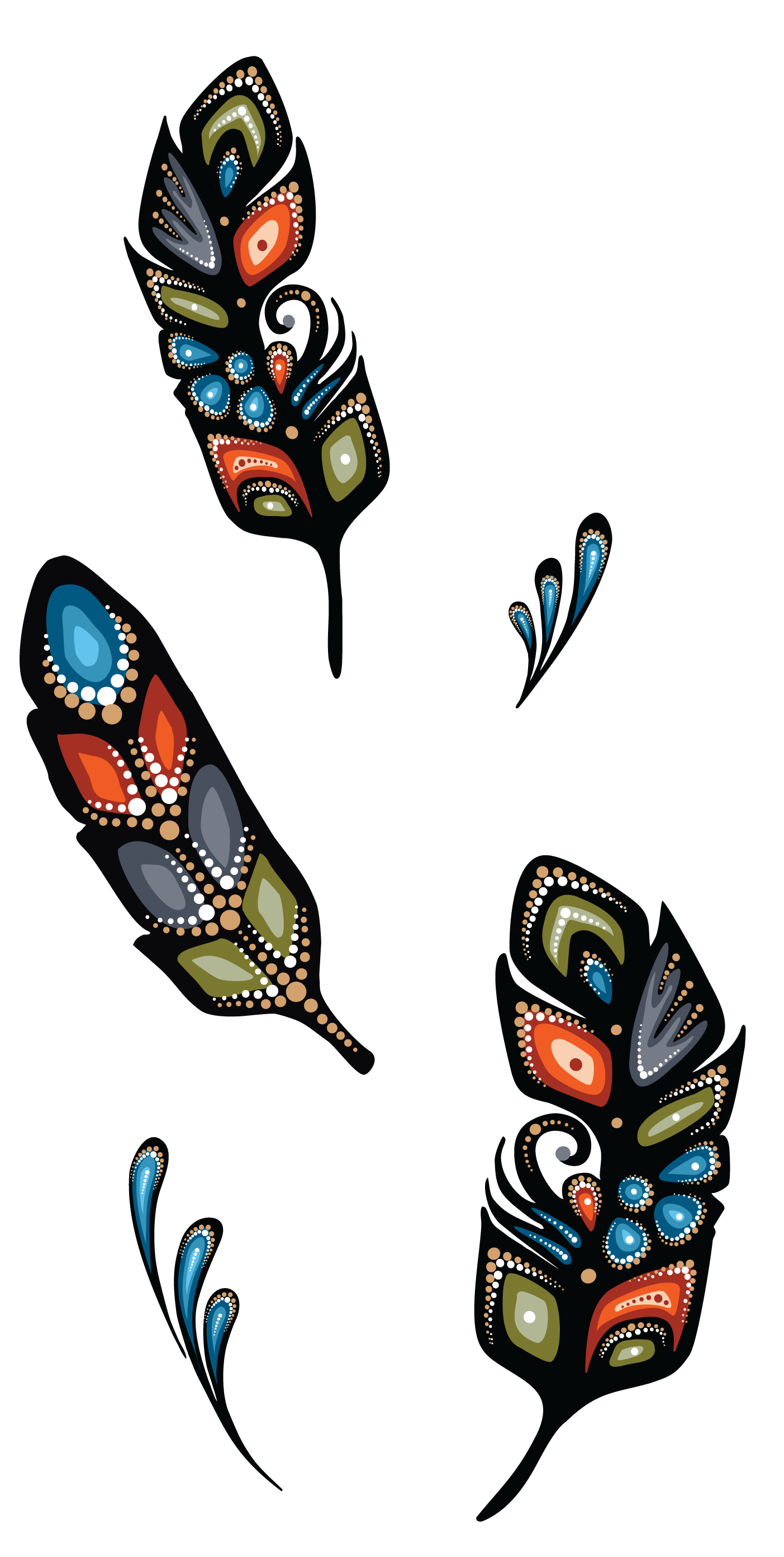 Decorative illustration of white, orange, blue, gray, and green feathers with intricate dotted patterns on a black background.