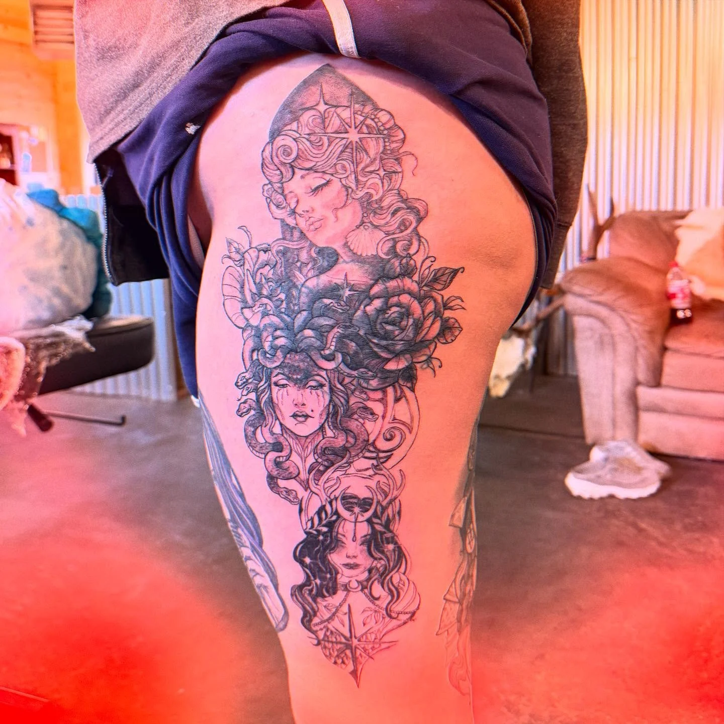We&rsquo;re almoooostttt done with this pretty goddess totem coverup for @tatsglittermusic 🌿✨🐍 🖤 Aphrodite, Medusa + Nyx // By @runestonecowgirl.tattoos