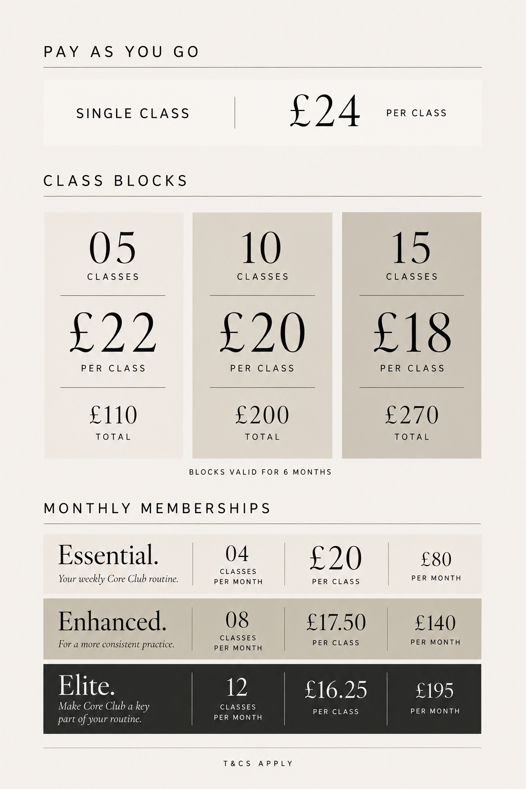 Core Club Reformer Pilates class, block and membership pricing.