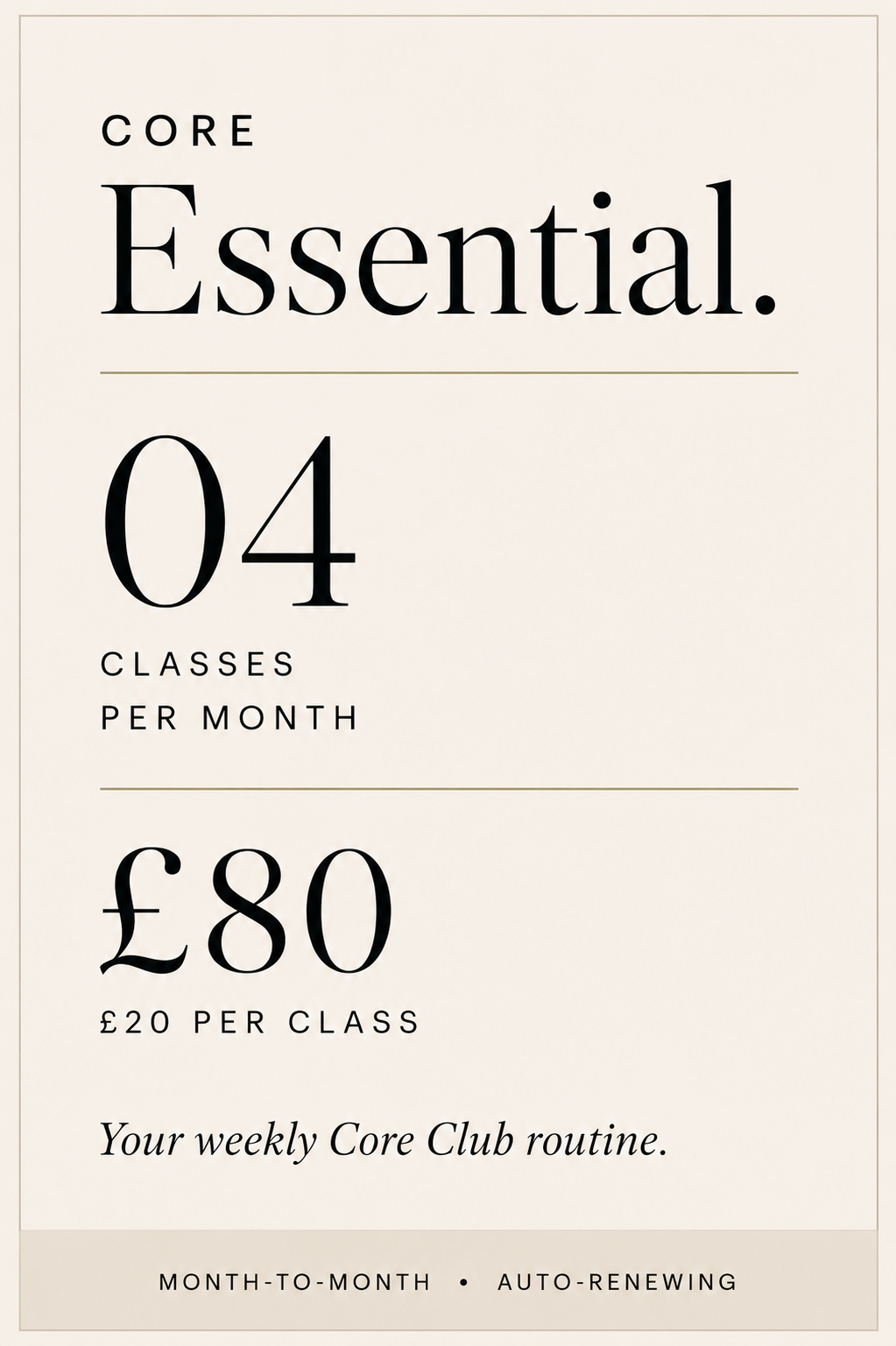 Core Club Reformer Pilates Essential 4 Class membership.