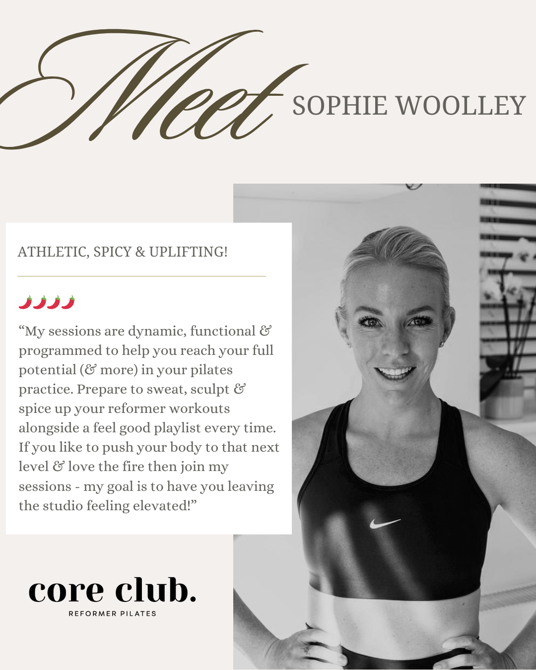 Sophie Woolley, Reformer Pilates instructor at Core Club.
