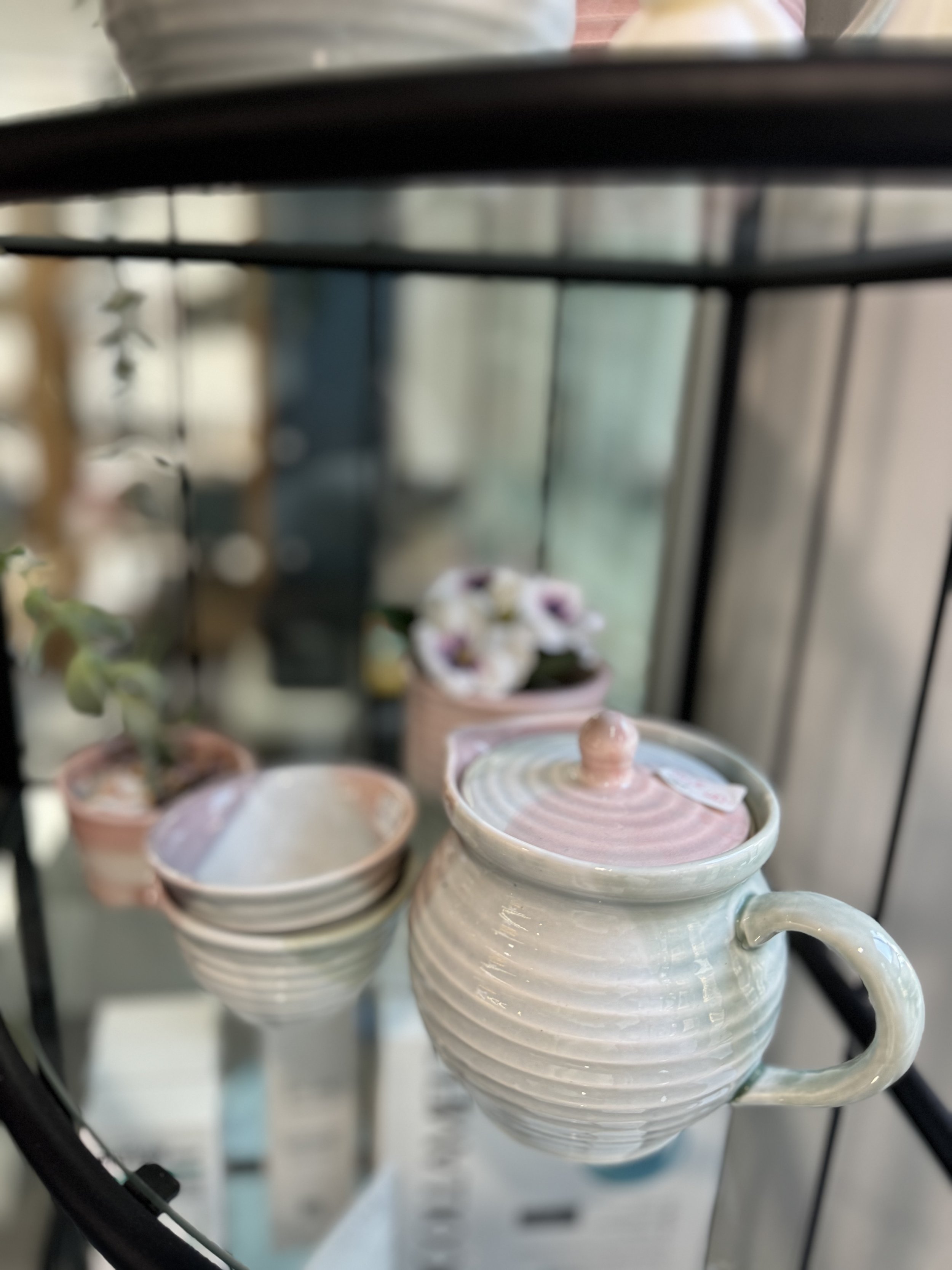 Handcrafted Pottery Pink-blue Tea Pot Set