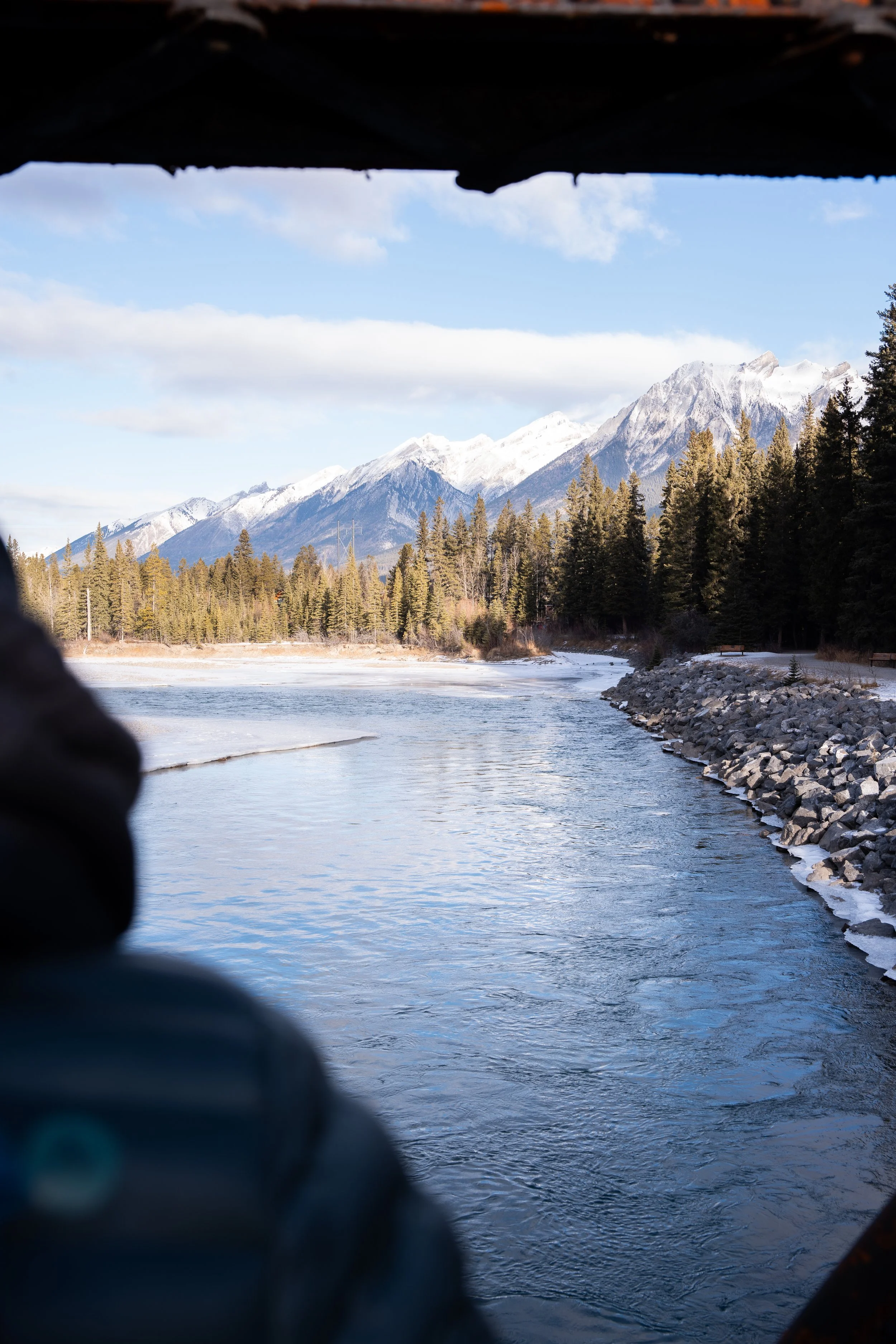 Man looking out from Canmore Engine Bridge