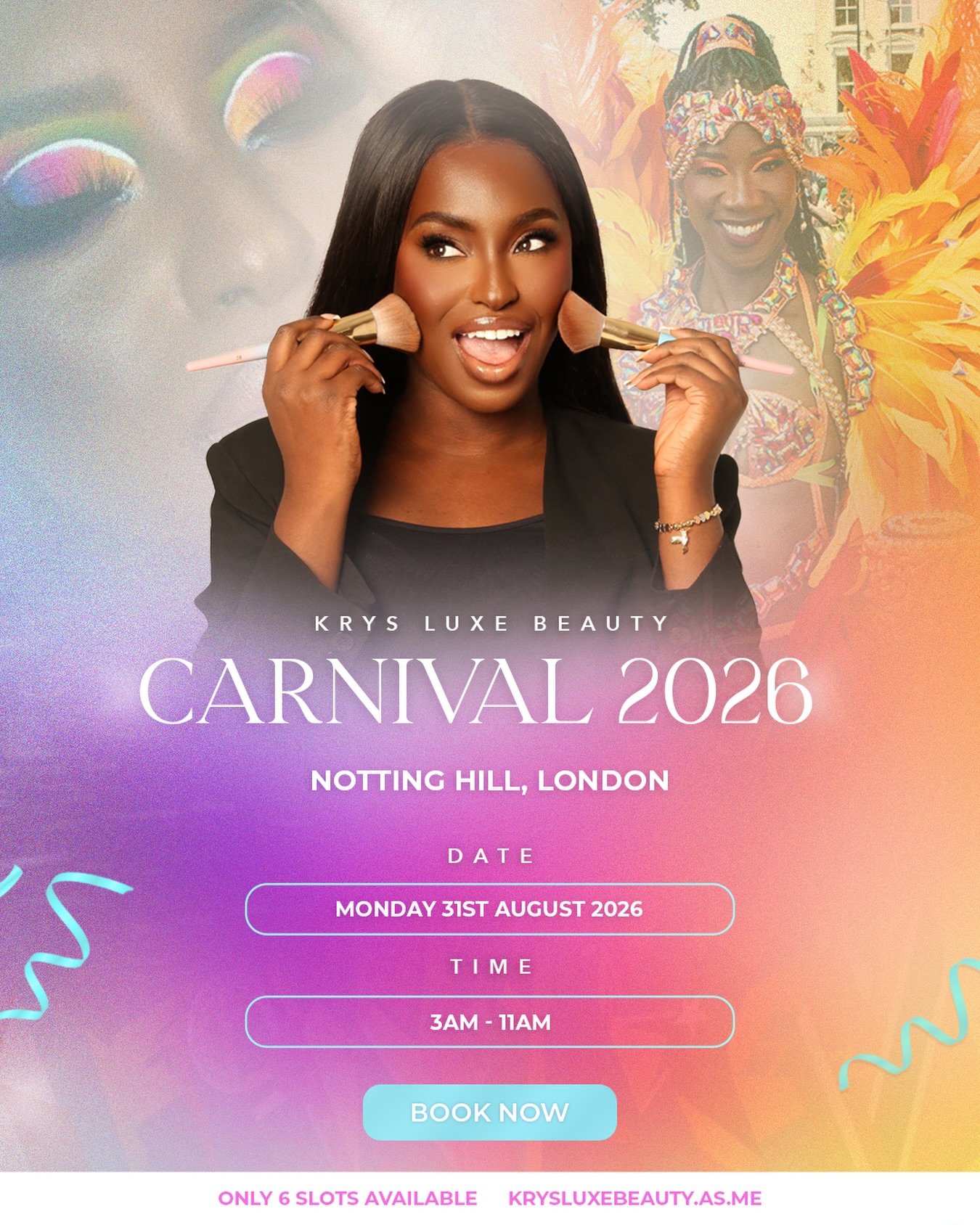 Notting Hill Carnival 2026 🥳

That time has come and Carnival bookings are now OPEN!

📍 Location: Notting Hill 
🕒 Time slots: 3 am &ndash; 11 am
🍹 Snacks included 

Only 6 appointments available. 3 slots already gone. 

Once fully booked, no extr