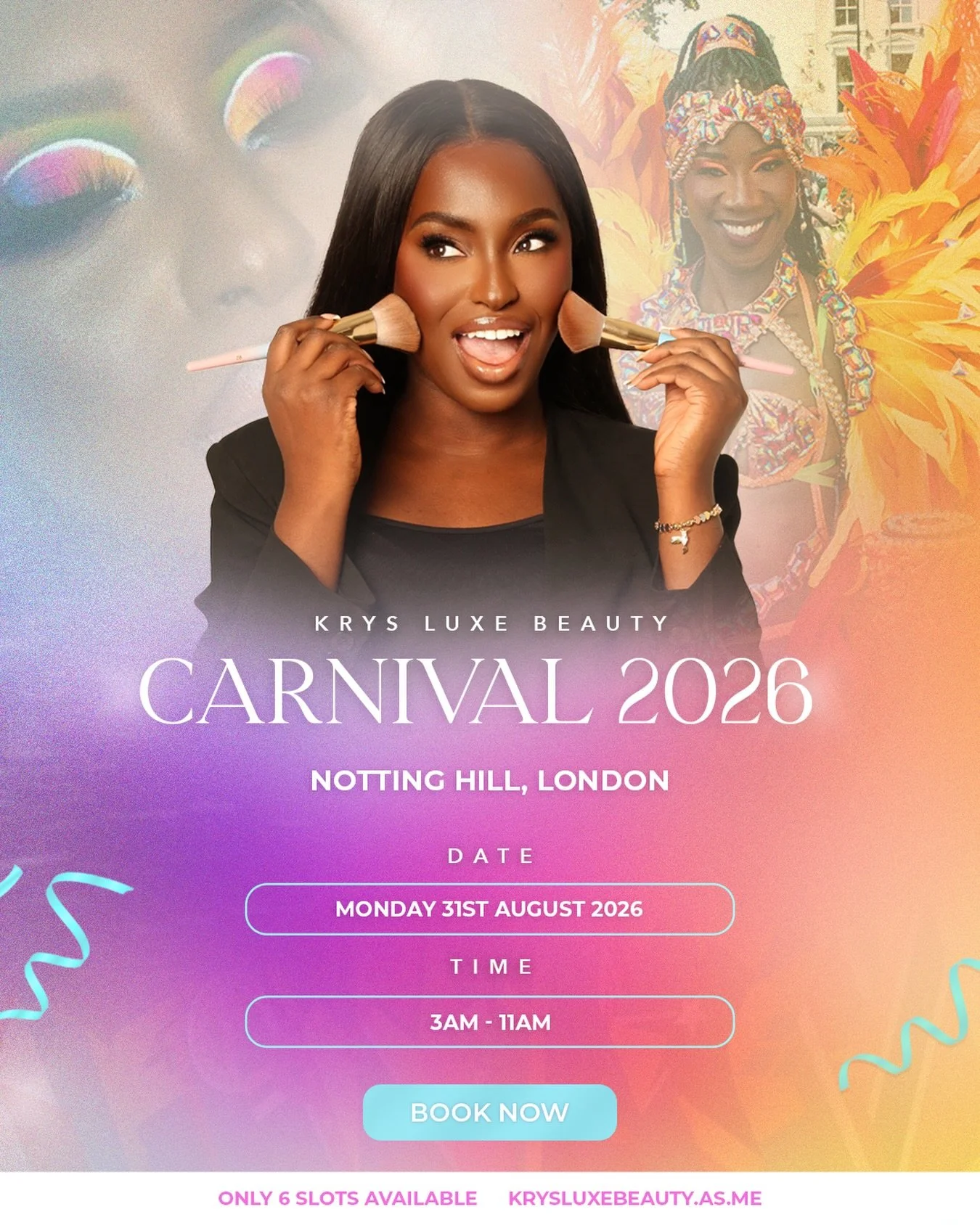 Notting Hill Carnival 2026 🥳

That time has come and Carnival bookings are now OPEN!

📍 Location: Notting Hill 
🕒 Time slots: 3 am &ndash; 11 am
🍹 Snacks included 

Only 6 appointments available. 3 slots already gone. 

Once fully booked, no extr