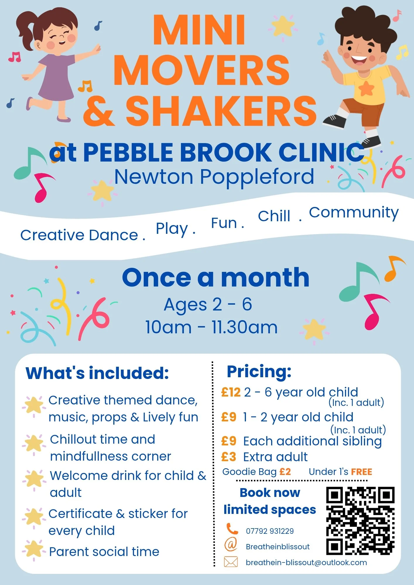 A colorful flyer kids dance classes in devon, ottery