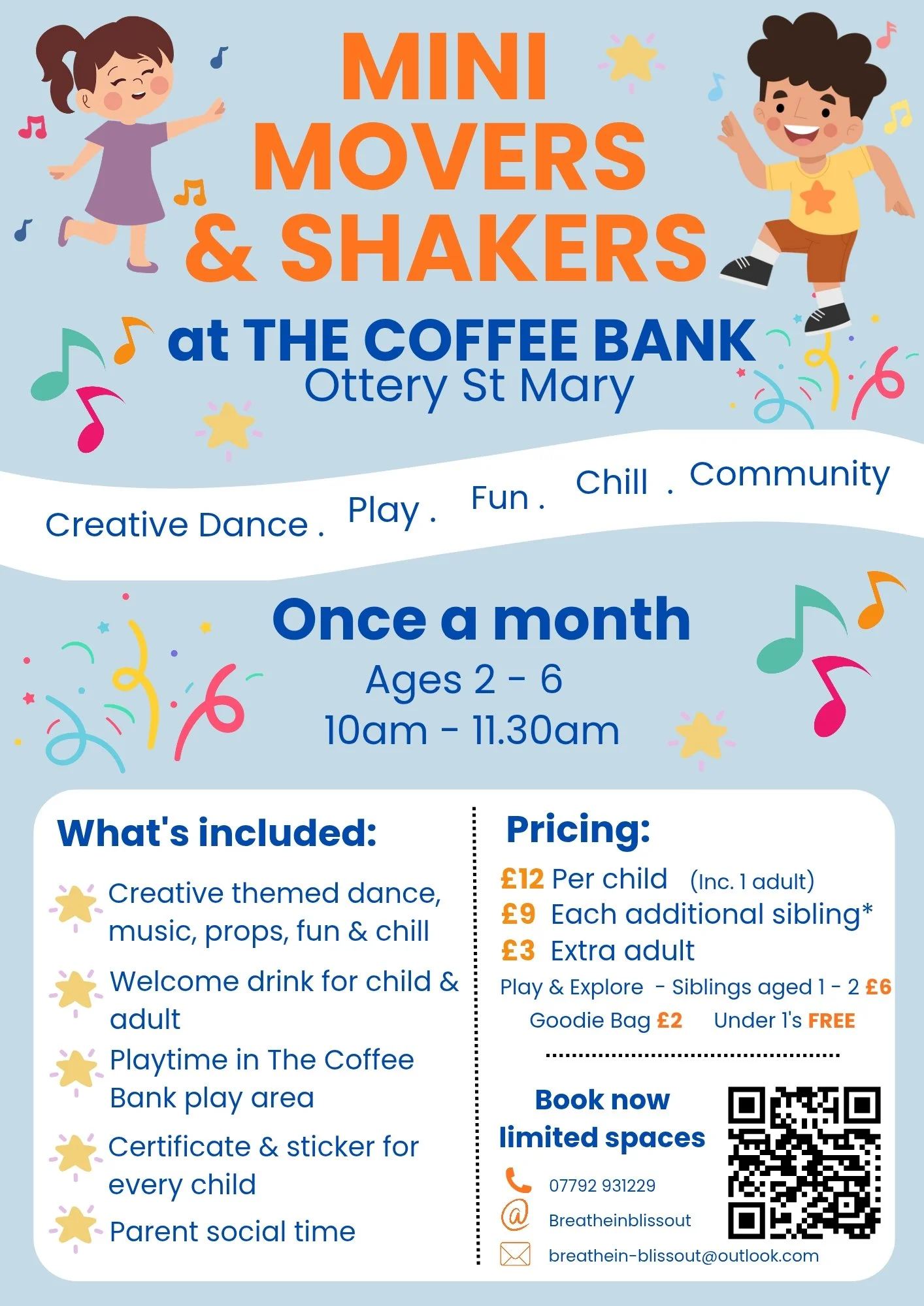 Flyer for Mini Movers & Magic Play Café with a rainbow and four children dancing. Includes event activities like chakra dance adventure, feelings and fingers EFT, bubble breath, chakra crafts, and coffee for parents. Details: Saturday, sample date, 10:00-11:30am at The Coffee Bank, Ottery St Mary. Prices: £12 per child, £8 siblings, parents free. Book online.