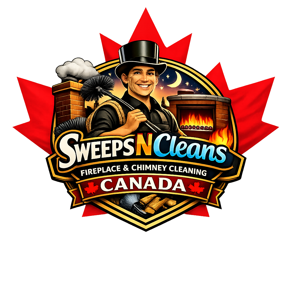 A logo for Sweeps N Cleans, a fireplace and chimney cleaning service in Canada, featuring a smiling man in a top hat carrying a chimney brush, with a fireplace and chimney in the background.