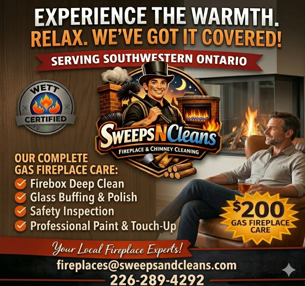 Advertisement for Sweeps N Cleans fireplace and chimney cleaning service, serving Southwestern Ontario. Features a smiling man in a top hat sitting in a cozy room by a fireplace. Offers complete gas fireplace care for $200, including deep clean, glazing and polishing, safety inspection, and professional touch-up. Text emphasizes experience and trust, with service contact info and email.