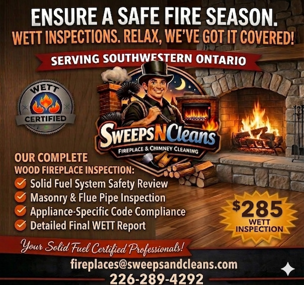 Advertisement for fireplace and chimney cleaning services by Sweeps N Cleans in Southwestern Ontario, featuring a cheerful chimney sweep with a top hat, a lit fireplace, and informational text about wood fireplace inspections.
