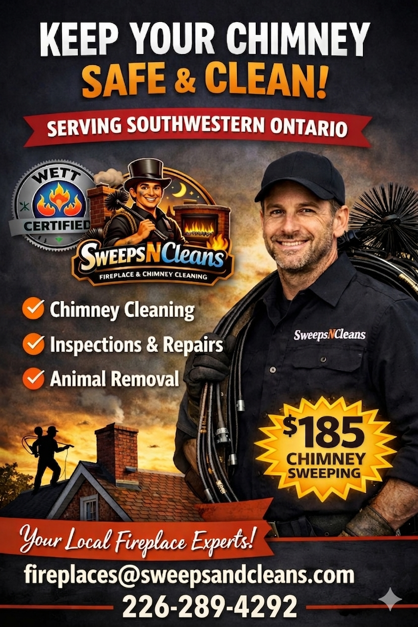 A flyer advertising chimney cleaning services in Southwestern Ontario. It features a smiling man in a black uniform and cap holding chimney cleaning tools, with a background of a house and sunset sky. The flyer includes text about chimney cleaning, inspections, repairs, and animal removal, with a price of $185 for chimney sweeping.