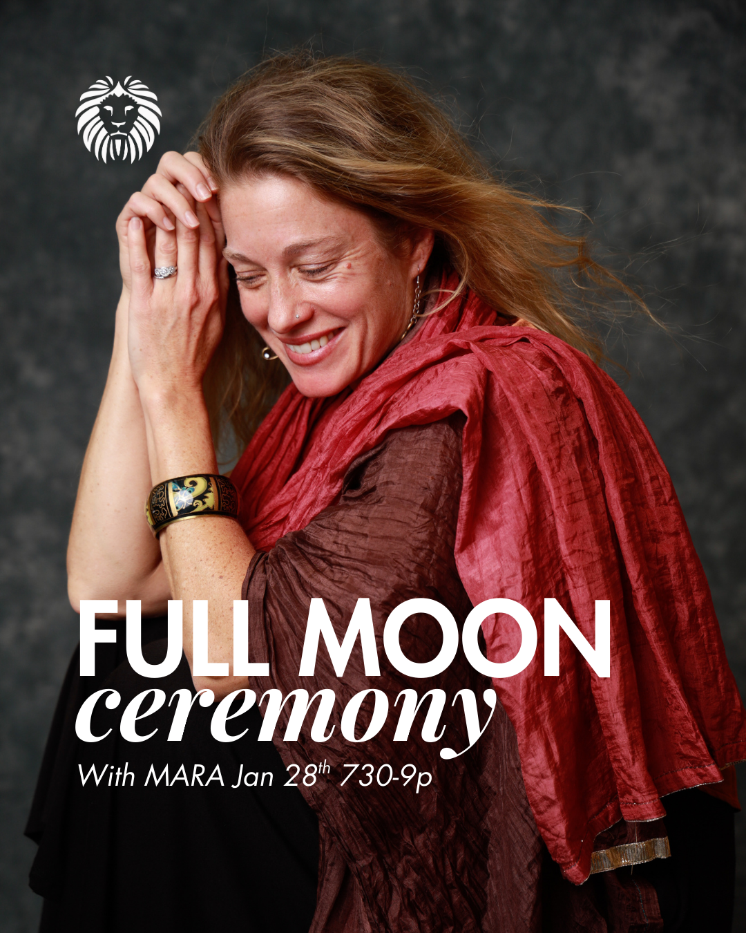 A woman smiling with her eyes closed, wearing a red scarf, jewelry, and a brown top, promoting a full moon ceremony event.