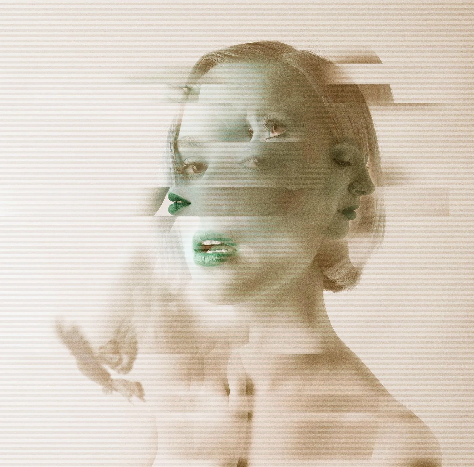 Stylized image of a woman with overlapping facial profiles and horizoThe image conveys shifting perceptions, multiplicity of awareness, and the movement toward intentional coherence between inner experience and outward expression.