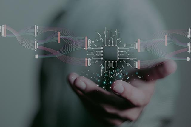 Open hand holding an abstract digital network form, symbolizing guided dialogue learning system and intentional consciousness.
