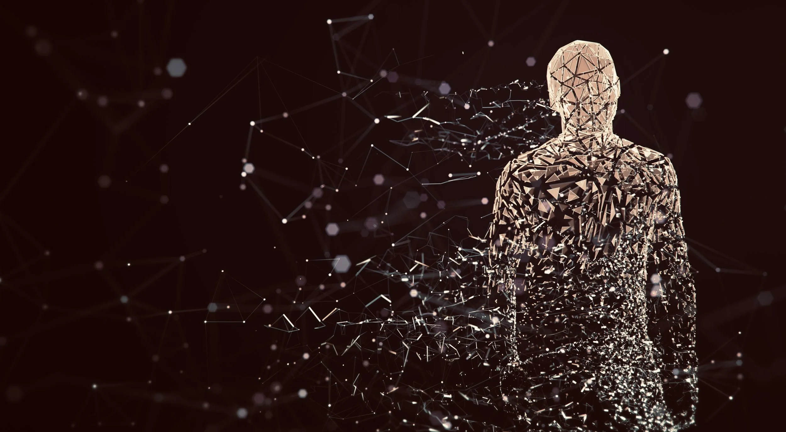 Abstract human figure composed of geometric fragments dispersing into a network-like space. The visual conveys dialogue as a transformative process, where perception reshapes intention and structured identity reorganizes toward coherence.