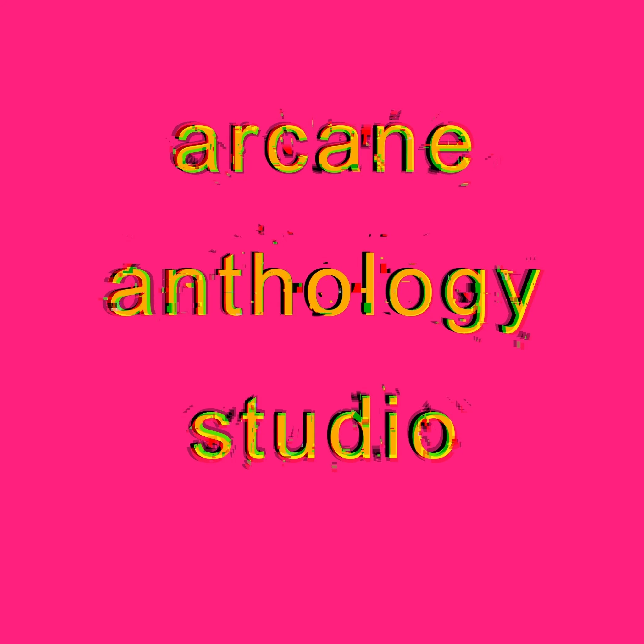 Colorful text that reads 'arcane anthology studio' on a bright pink background.