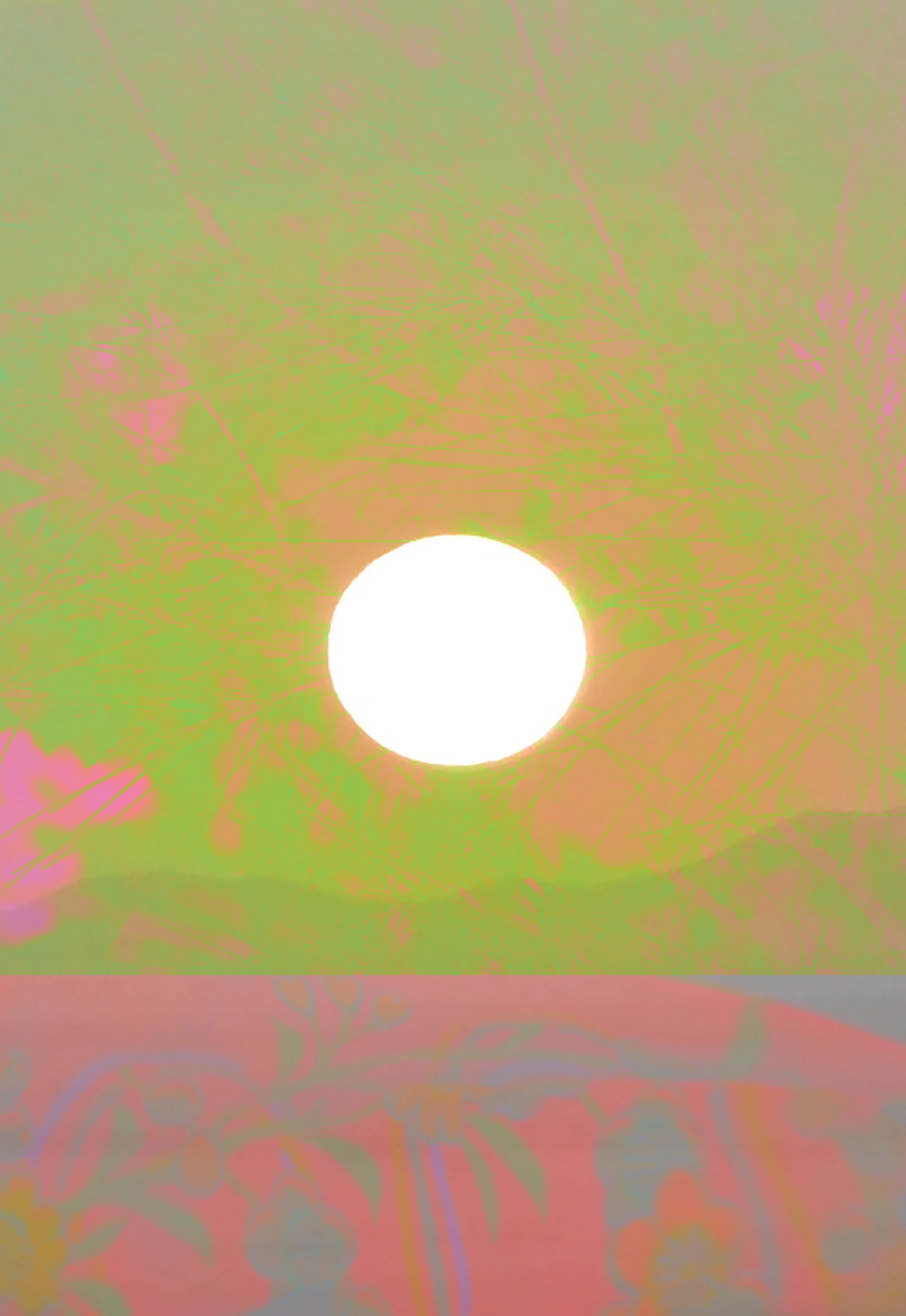 A photograph of the sun with a colorful, abstract filter applied, with tree branches and leaves in the foreground and a patterned surface at the bottom.