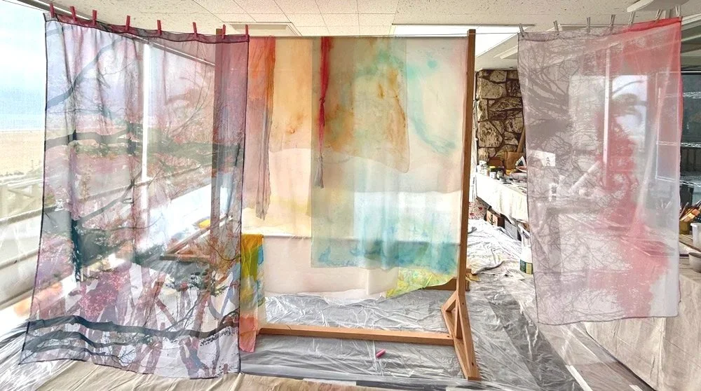 Faith-Ann Young Photographic Textiles by painted silk works in the studio
