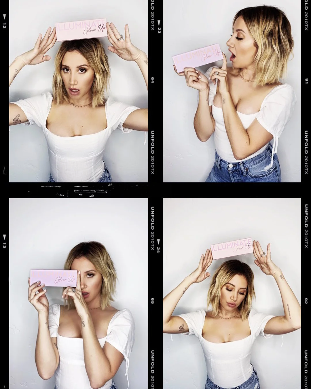 Collage of four photos of a woman with shoulder-length blonde hair in casual clothing, holding a pink box labeled 'Illuminate' and 'Glow Up' in different poses against a white background.