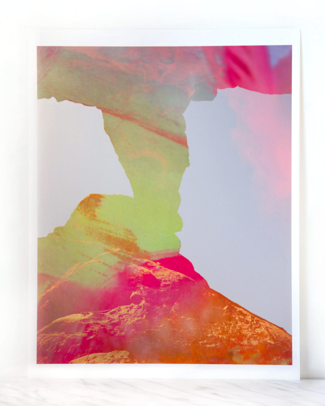 Stone — an abstract fine art print by Faith-Ann Young, blending warm yellows, greens, and sunset pinks over rock formations, evoking grounding, steadiness, and ancient memory