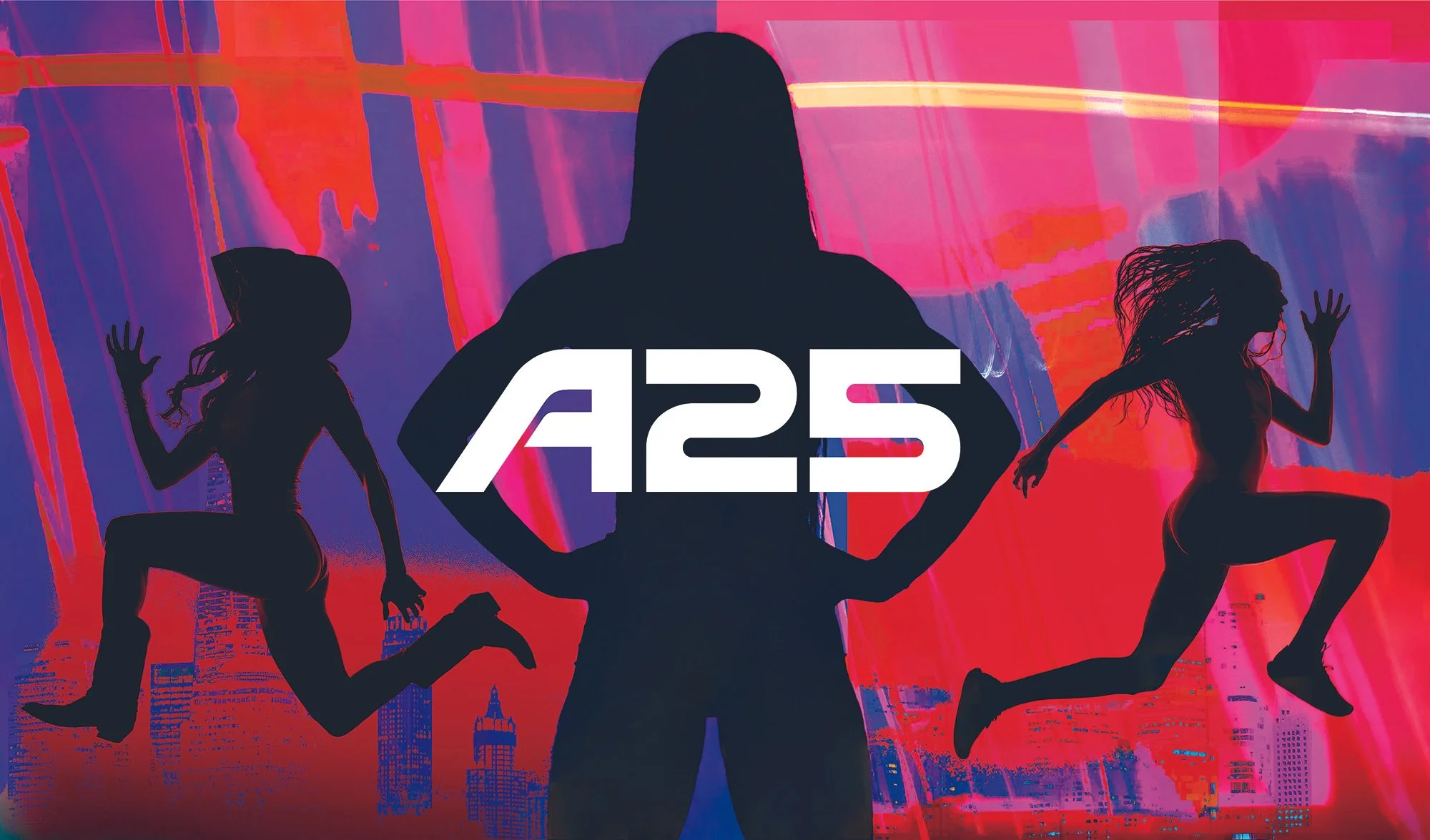 Silhouettes of three women leaping in front of a colorful, abstract cityscape background with neon pink, purple, and red tones. The center figure has the text 'A2S' overlaid on her silhouette. Athlos Flag Design by Faith-Ann Young