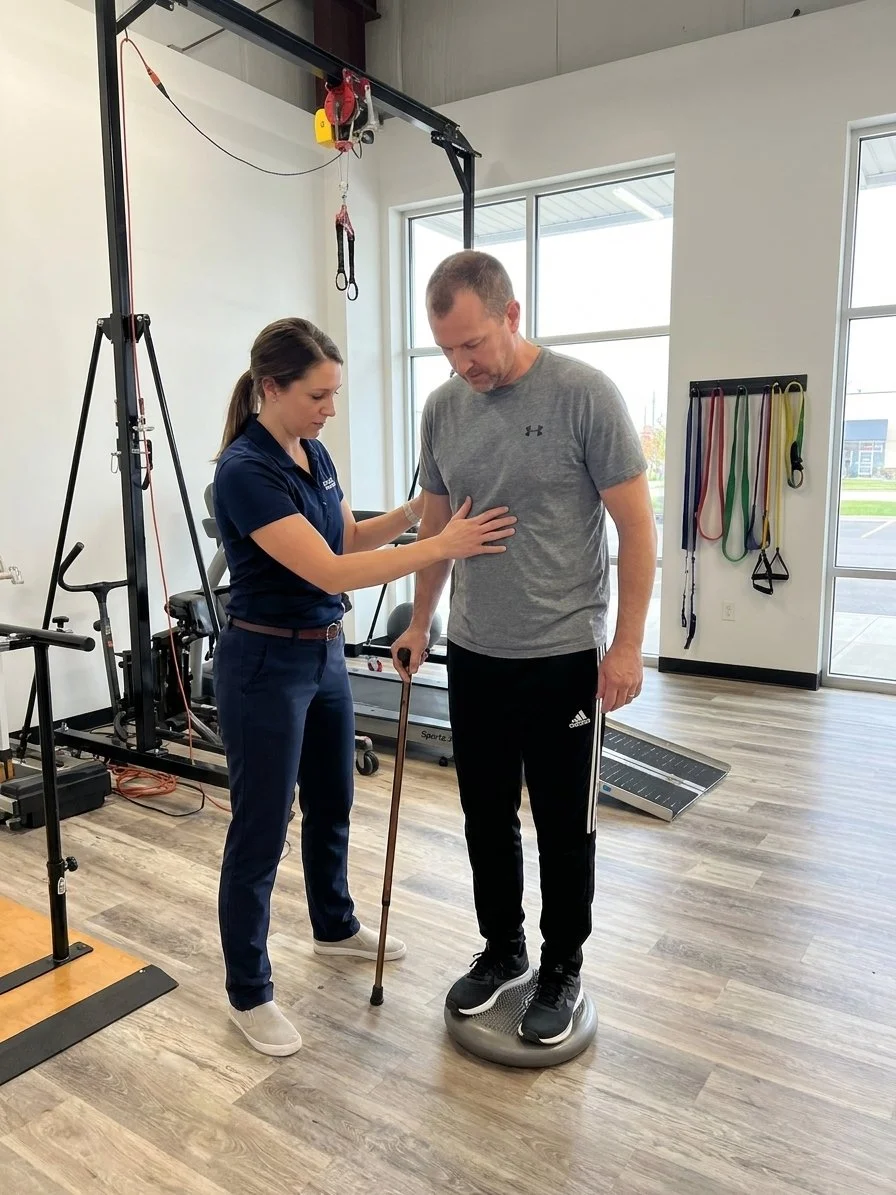Patient working with a provider at a neurologic physical therapy clinic in Charlotte, NC, practicing weight-bearing and balance exercises