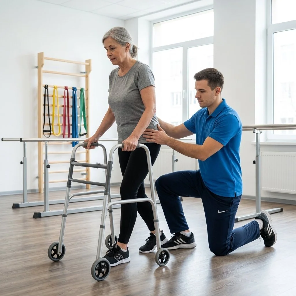 Patient working with a provider at a neurologic physical therapy clinic in Charlotte, NC, during a gait training and mobility session