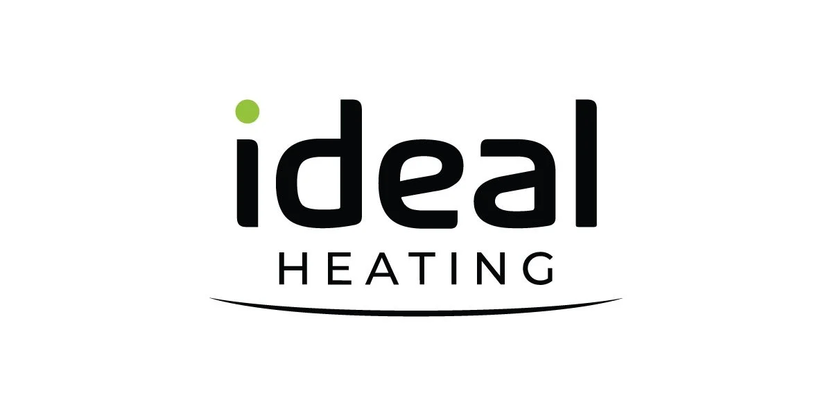 Logo for Ideal Heating with black text and a small green dot above the 'i', featuring a curved line beneath the text.
