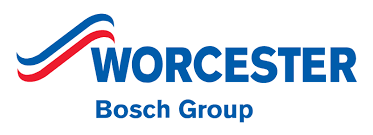 Worcester Bosch Group logo with blue text and red, white, and blue wavy design