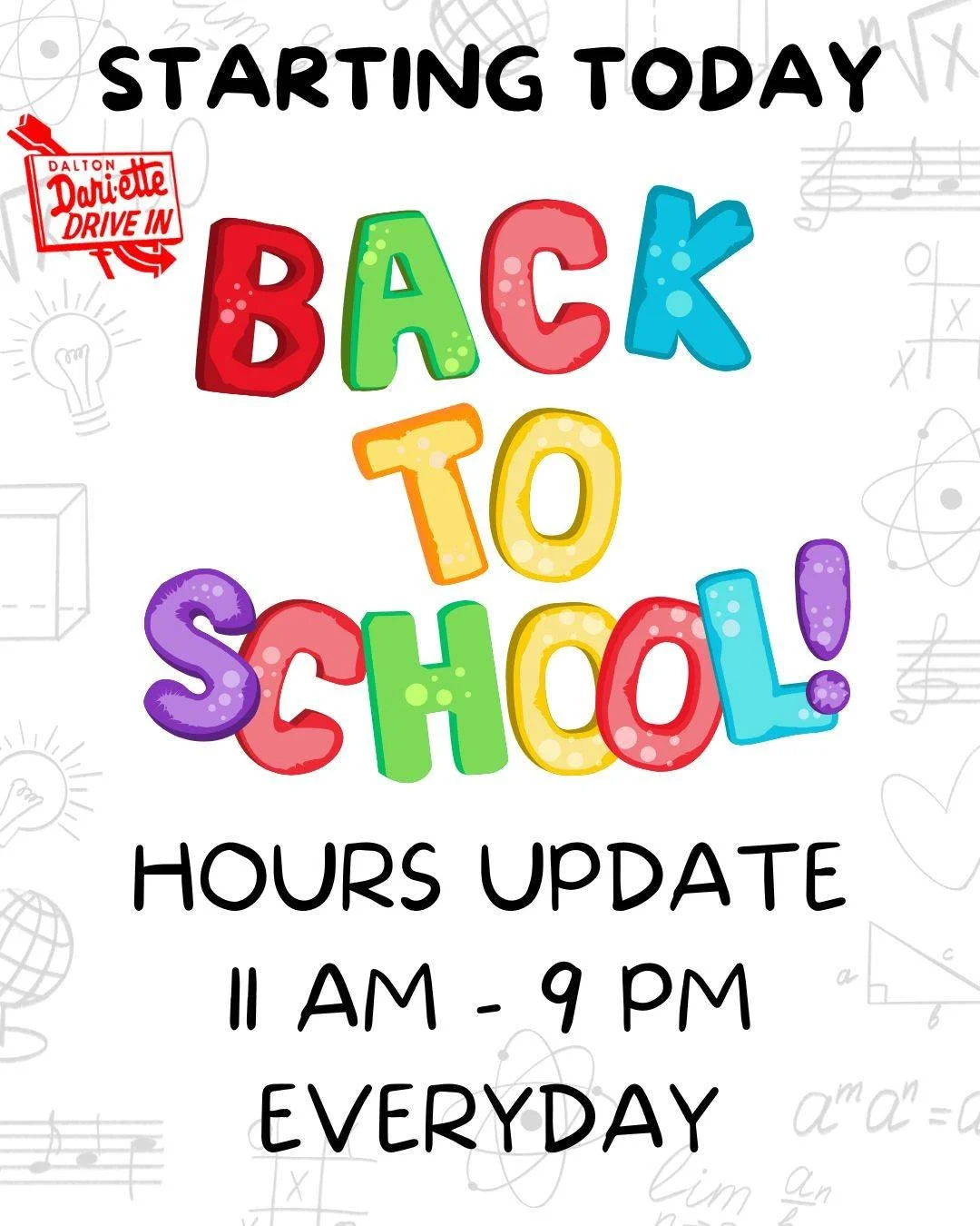 We are open 7 days per week from 11-9. Welcome back students, teachers, and staff!