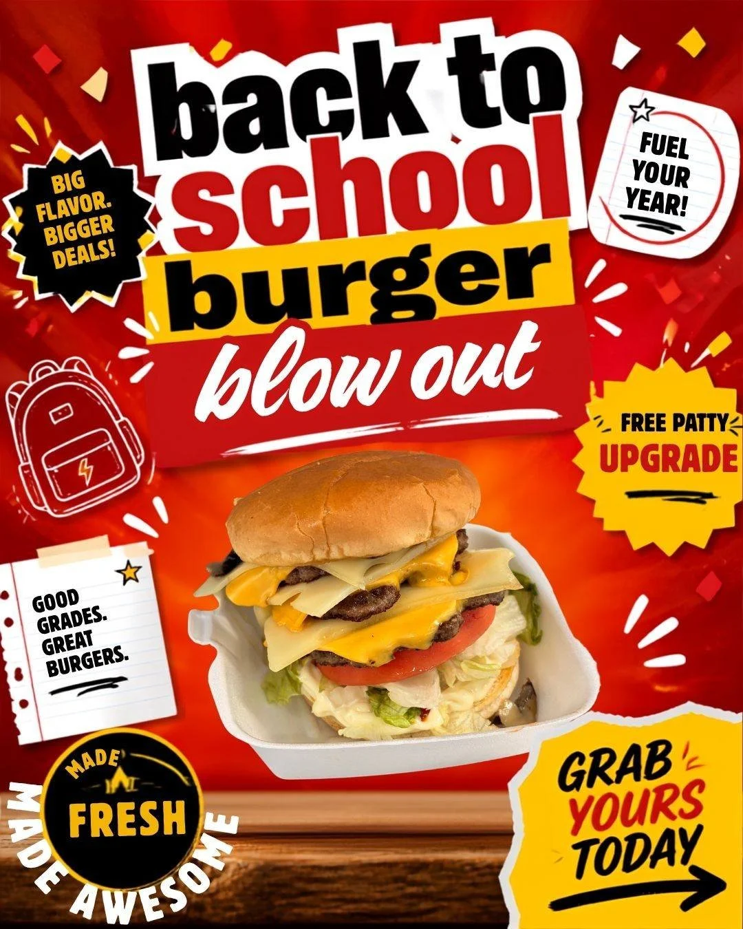 Limited time offer burger sale!! As school starts up, we want to celebrate with you! Buy a Double for the price of a Single or a Triple for the price of a Double!